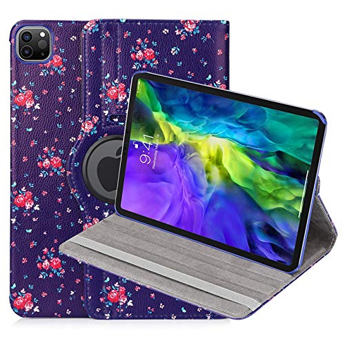 32nd Blumen Series - PU Leder Folio Hülle Case Flip Cover für Apple iPad Pro 11" (2020/2021) / Air 4 (2020), Blumendesign hüllen Entwurf gemacht Mit Ständer - Weinlese-Rosen-Indigo von 32nd