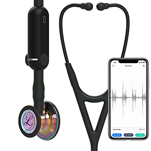 3M Littmann CORE Digital-Stethoskop, 8572, hochglänzendes, regenbogenfarbenes Bruststück, Schlauch, Schlauchanschluss und Ohrbügel in Schwarz, 69cm, 1 Stück von 3M Littmann