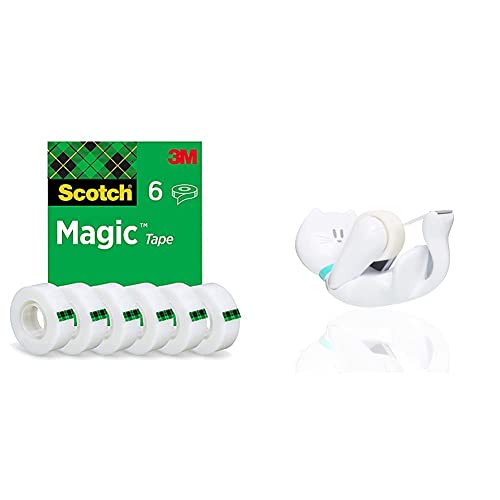 Scotch Magic Klebeband – 6 Rollen 19mm x 33m, Allzweck-Klebeband für die Reparatur & Tischabroller inkl. 1 Rolle Klebeband - Katze Klebeband Abroller, auch für Kinder, weiß von 3M