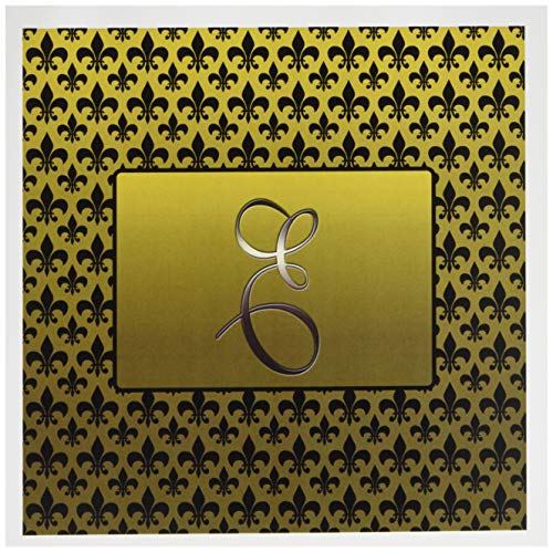 3drose Elegant Buchstabe E geprägt in Gold Rahmen über ein schwarz Fleur de Lis Muster auf einem Gold Hintergrund – Grußkarten, 6 von Foto, Set 12 (GC 36083 _ 2) von 3dRose