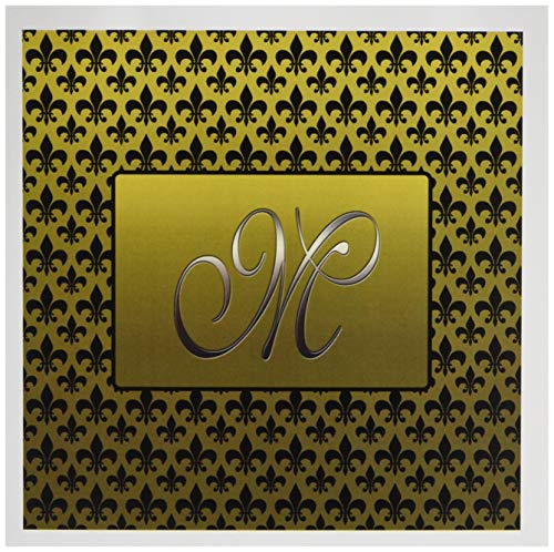 3drose Elegant Buchstabe M geprägt in Gold Rahmen über ein schwarz Fleur de Lis Muster auf einem Gold Hintergrund – Grußkarten, 6 von Foto, Set 12 (GC 36091 _ 2) von 3dRose