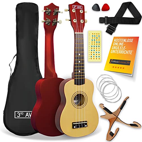 3rd Avenue Sopran-Ukulele mit 54 cm/21“, Anfängerset – Tasche, Ständer, Gurt, Saiten, Plektren und Griffbrett-Aufkleber – in Natur – KOSTENLOSE 1-monatige Online-Lektionen von 3rd Avenue