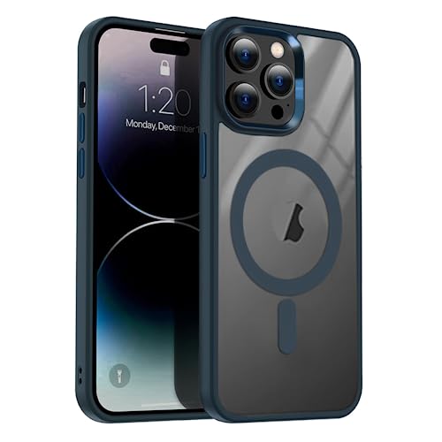 4-OK Hülle für iPhone 14 Pro, kompatibel mit MagSafe, kabelloses Laden, magnetische Hybridhülle, Stoßfest Handyhülle, Magnetring, vergilbungsbeständig, Metallknöpfe, transparent (Blau, iPhone 14 Pro) von 4 OK by Blautel