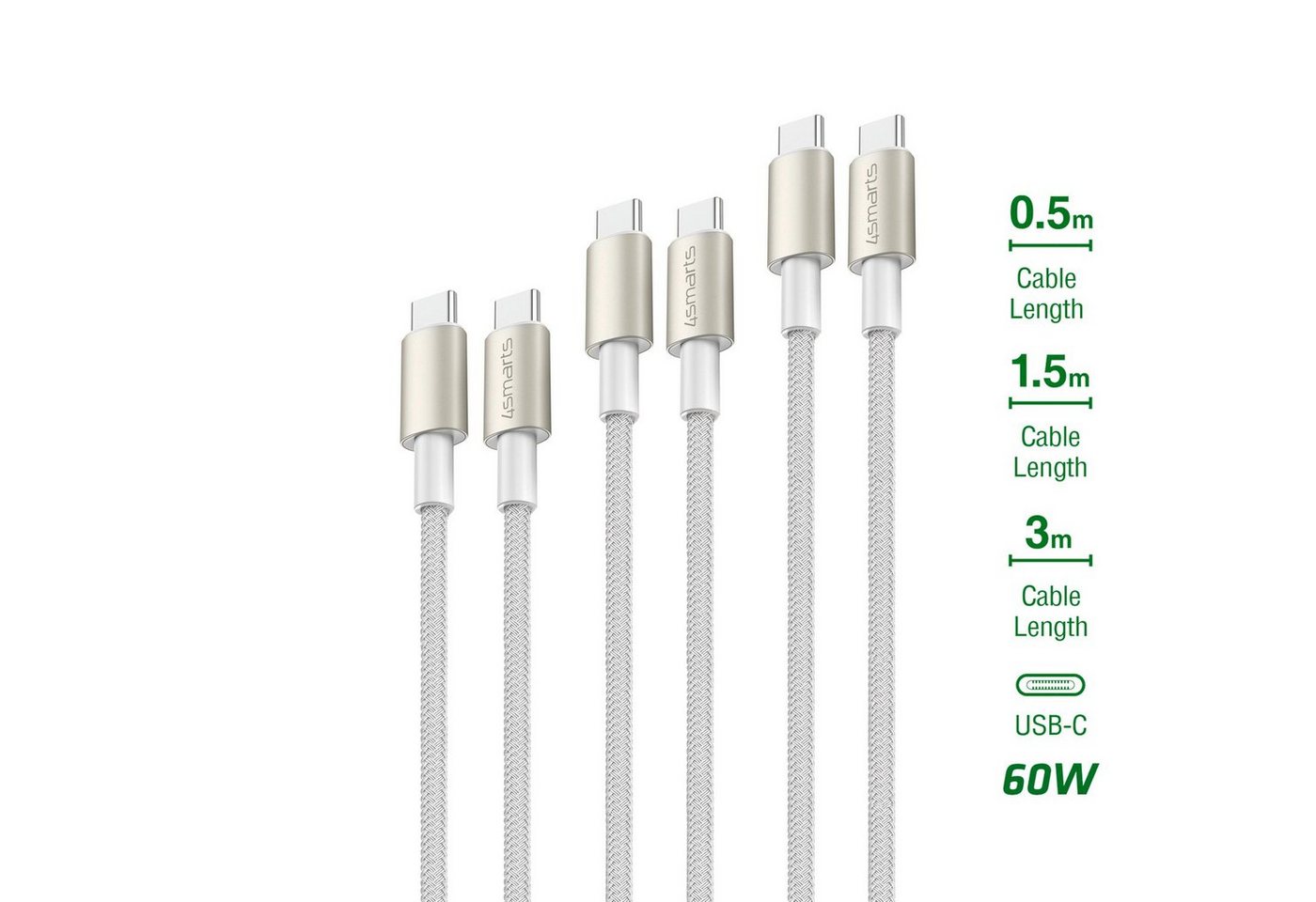 4smarts USB-C zu USB-C Kabel PremiumCord 60W 3er Set USB-Kabel, USB Typ C, (300 cm), für Samsung Galaxy, Google Pixel von 4smarts