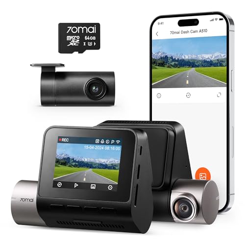 70mai Dashcam Auto Vorne & Hinten A510, 2.7K 1944P WiFi Dash Cam mit 64GB SD Karte, Smart Mini Dual Autokamera mit Parkmodus, Super Nachtsicht, HDR, G-Sensor, ADAS, Loop-Aufnahme, APP Steuerung von 70mai