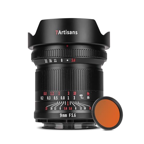 7artisans 9mm F5.6 Vollformat 132° Weitwinkelobjektiv nahezu Keine Verzerrung, 0.2m Mindestfokussierabstand kompatibel mit Sony A7-Serie A7R A75 A7SII A9 A7C A1(34mmND1000 Hinterfilter) von 7artisans