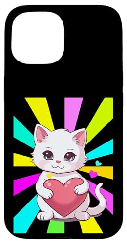 Retro Katze Katzen Herz Herzen Valentin Kätzchen 80er Kinder Hülle für iPhone 15 Retro Katze Katzen Herz Herzen Valentin Kätzchen 80er Kinder Hülle für iPhone 15 von 80er 90er Katzen Retro Katze Vintage