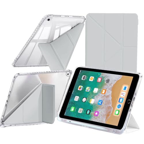 Hülle Kompatibel mit iPad 9,7 Zoll (6./5. Generation, 2018/2017) / iPad Air 2/ Air 1 mit Stifthalter, Klare Stoßfest Schutzhülle, 6-in-1 Y Fold Ständer, Auto Schlafen/Wachen, Grau von A-BEAUTY