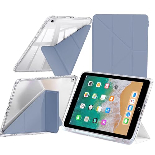 Hülle Kompatibel mit iPad 9,7 Zoll (6./5. Generation, 2018/2017) / iPad Air 2/ Air 1 mit Stifthalter, Klare Stoßfest Schutzhülle, 6-in-1 Y Fold Ständer, Auto Schlafen/Wachen, Lavendel von A-BEAUTY