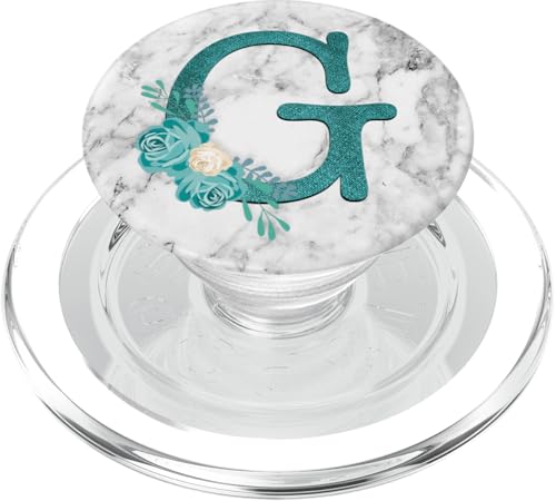 Monogramm mit floralem Blaugrün-Buchstabe G auf weiß-grauem Look PopSockets PopGrip für MagSafe von ABADONA Designs