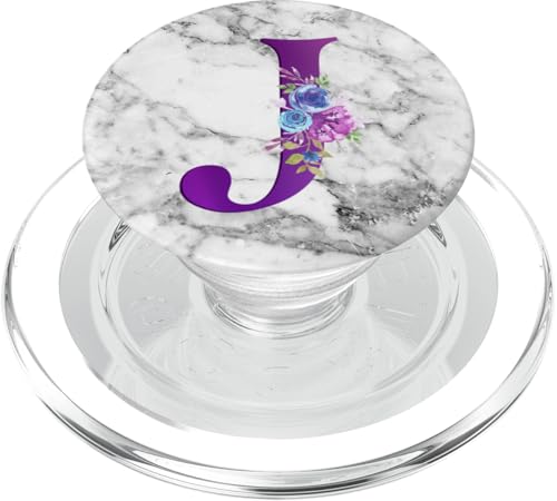 Violetter floraler Buchstabe J Monogramm auf weißgrauem Muster PopSockets PopGrip für MagSafe von ABADONA Designs