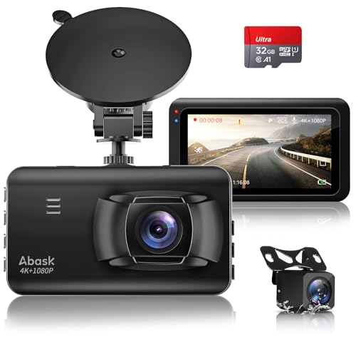 ABASK M18 4K Dashcam Auto Vorne Hinten 2160P+1080P Dash Cam mit Rückfahrkamera, Parküberwachung, Bewegungsmelder, 320° Weitwinkel 3 Zoll Bildschirm, G-Sensor, Loop-Aufnahme, Nachtsicht, Bis zu 256 GB von ABASK