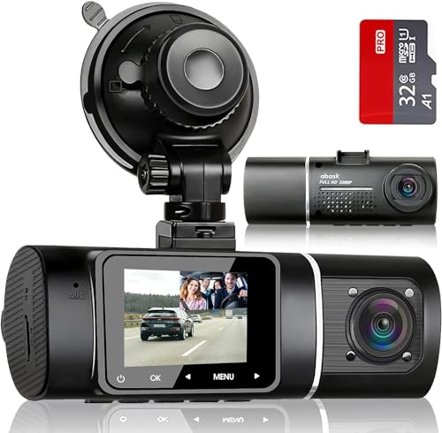 abask J05 Dashcam Auto 1080P Dash Cam Vorne Innen mit 32GB SD-Karte, 310° Weitwinkelansicht, Autokamera mit Parküberwachung, Bewegungserkennung, Infrarot Nachtsicht, G-Sensor, Loop-Aufnahm, HDR, Akku von ABASK