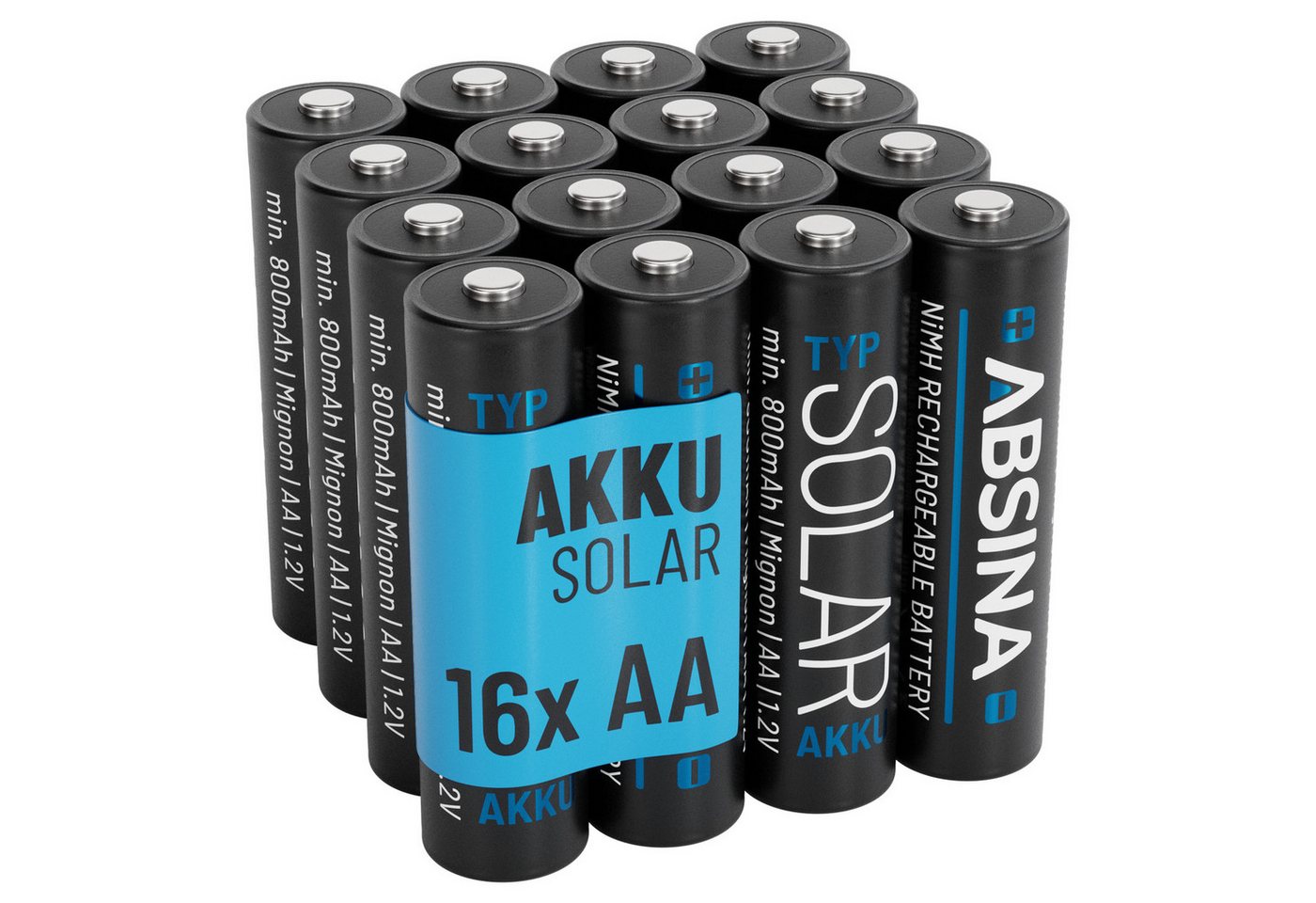 ABSINA 16x Solar Akku AA wiederaufladbar 800mAh 1.2V NiMH - Mignon AA Solar Akku von ABSINA