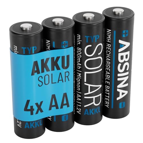 ABSINA 4X Solar Akku AA wiederaufladbar 800mAh 1.2V NiMH - Mignon AA Solar Batterien für Solarleuchten - Solarakkus AA mit geriner Selbstentladung - Akku Solar Batterie, Akkus für Solarlampen von ABSINA
