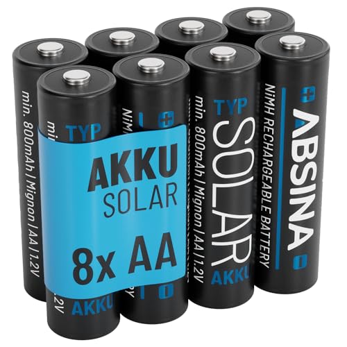 ABSINA 8X Solar Akku AA wiederaufladbar 800mAh 1.2V NiMH - Mignon AA Solar Batterien für Solarleuchten - Solarakkus AA mit geriner Selbstentladung - Akku Solar Batterie, Akkus für Solarlampen von ABSINA