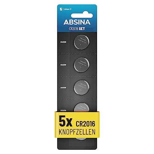 ABSINA CR2016 Knopfzelle 5er Pack - CR 2016 Knopfzelle 3V auslaufsicher & Lange Haltbarkeit - Batterie CR2016 für Autoschlüssel, Küchenwaage UVM - 2016 Lithium Knopfzelle 3V, Knopfbatterie CR2016 von ABSINA