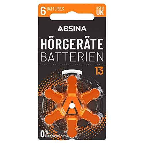 ABSINA Hörgerätebatterien 13 6 Stück mit gut greifbarer Schutzfolie - Hörgeräte Batterien 13 Zink Luft mit 1,45V - Typ 13 Batterien Hörgeräte Orange - PR48 ZL2 P13 Hörgerätebatterien von ABSINA