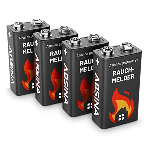 ABSINA Rauchmelder Batterie 9V Block - 4er Pack Alkaline 9V Block Batterien langlebig & auslaufsicher - Blockbatterien für Feuermelder, Bewegungsmelder, Kohlenmonoxid, Warnmelder & Rauchwarnmelder von ABSINA