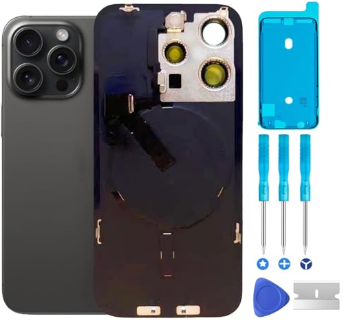 Original 15 Pro Rückglas Ersatz & mit Platte & Flexkabel und allen Teilen, vorinstallierter Kamerarahmen für iPhone 15 Pro + Reparaturwerkzeuge (Schwarz) von ABUSVEX