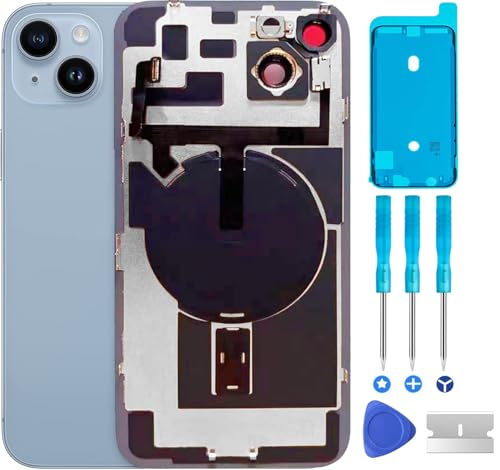 ABUSVEX Original kompatibel mit iPhone 14 Rückglas-Ersatz & mit Platte & Flexkabel und allen Teilen, vorinstallierter Kamerarahmen für iPhone 14 + Reparaturwerkzeuge (blau) von ABUSVEX