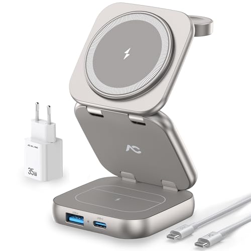 AC Island 5 in 1 Ladestation, Mehrere Geräte Mag-Safe Ladestation Kompatibel mit iPhone und Apple Watch, Reisen Wireless Charger Stand für iPhone 16/15/14/13/12 Series, Apple Watch 9(Mit 35W Stecker) von AC ISLAND