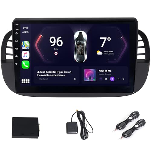 für FIAT 500 500C 2007-2015 Radio 2+32 GB Sat NAV Autoradio mit Wireless Carplay Android Auto 9 Zoll Stereo Bluetooth GPS Navigation Multimedia Player WiFi DSP (Schwarz) von ACAVICA