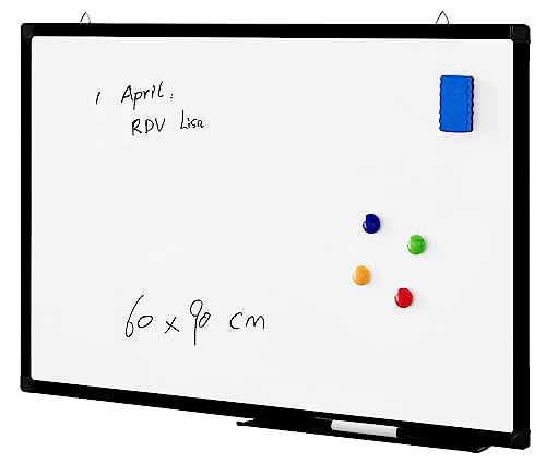 ACAZA Magnetisches Whiteboard mit Aluminiumrahmen und Stiftablage, Magnettafel trocken abwischbar inklusive Schwamm und Stift, ohne Magnete, Magnetwand zum beschriften, schwarzer Rand von ACAZA