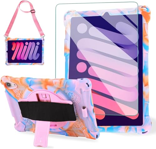 ACEMO Hülle für iPad Mini 6 Generation 2021 8,3 Zoll Schutzhülle mit Displatschutz,Stifthalter,Handschlaufe,Schultergurt, 360-Grad-Drehständer Stoßfestes Weiches Silikon Case (Rosa Lila) von ACEMO