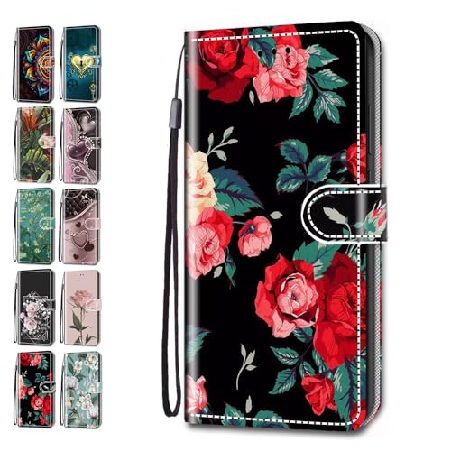 Handyhülle für Samsung Galaxy A34 5G Hülle Muster Herzen Blätter Geblümt Lederhülle Klapphülle Tasche Flip Case Cover Schutzhülle mit Kartenfach Handytasche - Rote Blüten von ACOVER