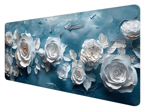 Mauspad XXL, 1000x500mm Gaming Mauspad Weiße Rose, XXL Mousepad Groß mit rutschfeste Gummibasis, Mauspad Blume Wasserdicht & rutschfest, Großer Erweiterter Schreibtischunterlage für Home Office W-2 von ADCCAT