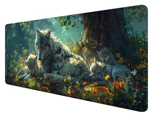 Mauspad XXL, 900x400mm Gaming Mauspad Wolf, XXL Mousepad Groß mit rutschfeste Gummibasis, Mauspad Tier Wasserdicht & rutschfest, Großer Erweiterter Schreibtischunterlage für Home Office Dekor E-6 von ADCCAT