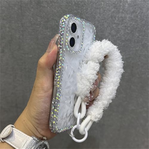 ADKOT Bling Glitter Strass Diamant Muster Plüsch Handgelenk Strap Seil Fall für iPhone 16 14 11 12 13 15 Pro Max Plus Klar Soft Cover,Weiß,Für iPhone 14 Plus von ADKOT