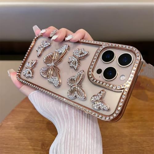 ADKOT Bling Strass Schmetterlingshülle für iPhone 16 Pro Max 16Plus Glitzerhülle für iPhone 15 Pro 14 13 12 11 Klare Beschichtung Weiche Hülle,Gold,Für iPhone 15 ProMax von ADKOT