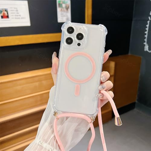 ADKOT Crossbody-Halskette mit Lanyard, transparente Rüstung, magnetische Handyhülle für iPhone 15 14 13 12 11 Pro Max, Schutzhülle, Pink, für iPhone 12 ProMax von ADKOT