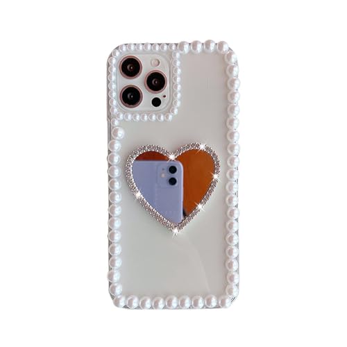 ADKOT Love Heart Mirror Pearl Chain Handyhülle für iPhone 15 14 13 12 11 Pro Max 14 Plus XR XS Max 6 6S 7 8 Plus 13mini Cover, Silber, für iPhone 12Pro von ADKOT