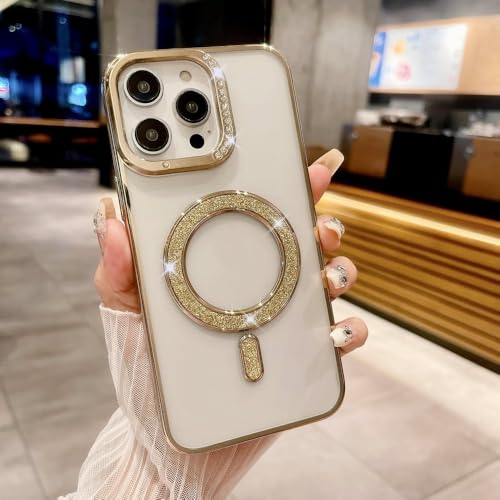 ADKOT Luxuriöse, weiche, transparente, Funkelnde Hülle mit Diamant-Bling für iPhone 15 14 13 12 11 Pro Max Plus, magnetische kabellose Ladeabdeckung, Gold, für iPhone 14ProMax von ADKOT