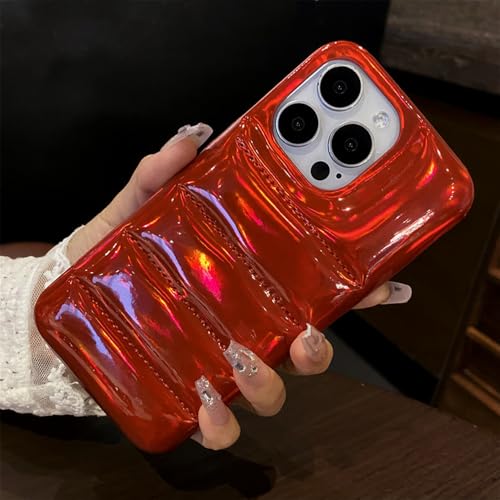 ADKOT Luxuriöse Daunenjacke aus glänzendem Leder in fluoreszierender Farbe für iPhone 16 14 11 12 13 15 Pro Max, weiche Silikonhülle, rot, für iPhone 13 von ADKOT