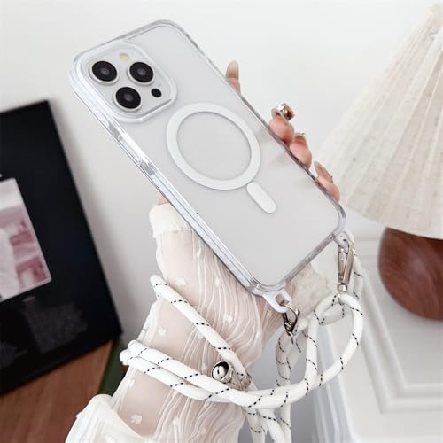 ADKOT Umhängeband mit magnetischem Ladeetui für iPhone 15 13 12 11 14 Pro Max Plus, Seilhalskette, transparente Hülle, weiß, für iPhone 13 ProMax von ADKOT