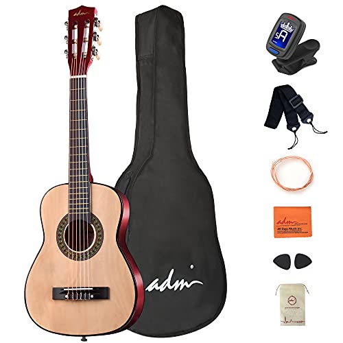 ADM 1/4 Kinder Konzertgitarren-Set, 76,2 cm, Junior-Gitarrenset für Anfänger mit Gigbag, Stimmgerät, Gurt, Plektren, extra Saiten, Aufbewahrungstasche und Reinigungstuch (Natur) von ADM