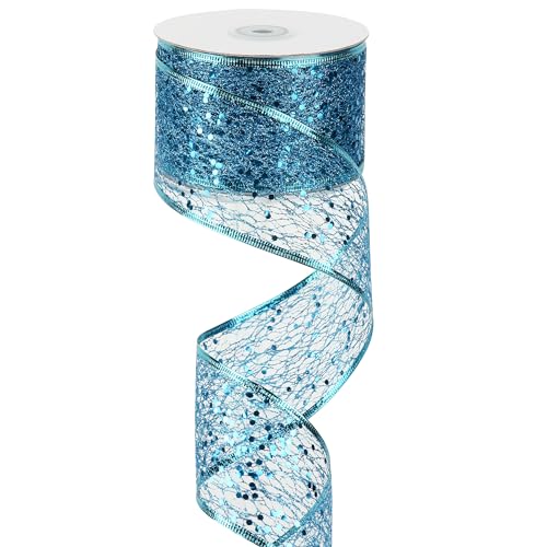 Blaues Glitzerband aus Drahtgeflecht mit glitzerndem blauem Weihnachtsband, 6,3 cm, blaues Drahtband, türkisfarbenes Band, blaues Band für Weihnachtsbaumdekoration, Kranzschleifenherstellung (22,7 m) von ADSUBHSJFAKK