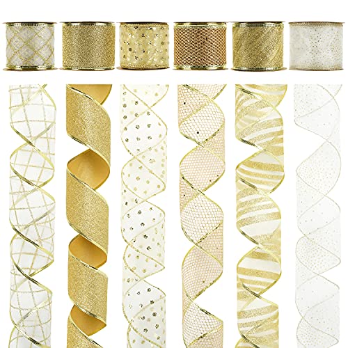 Goldfarbenes und weißes Band für Weihnachtsbäume, 6,3 cm, 6 Rollen, 36 Yards, goldenes Drahtgeflechtband für Kränze und Baumdekoration von ADSUBHSJFAKK