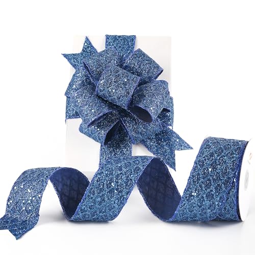 Marineblaues Drahtband, 6,3 cm, Glitzer-Diamant-Mesh-Drahtkante für Weihnachtsbaum, Kränze, Girlande, Geschenkverpackungen, Schleifen, Urlaubsdekoration, 9,1 m von ADSUBHSJFAKK