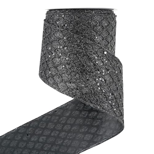 Schwarzes Glitzerband mit Draht, 10,2 cm, schwarzes Weihnachtsbaumband, Diamant-Mesh-Drahtband für Baumschmuck, Kränze, Girlande, große Schleifen, Halloween-Dekoration, 9,1 m von ADSUBHSJFAKK