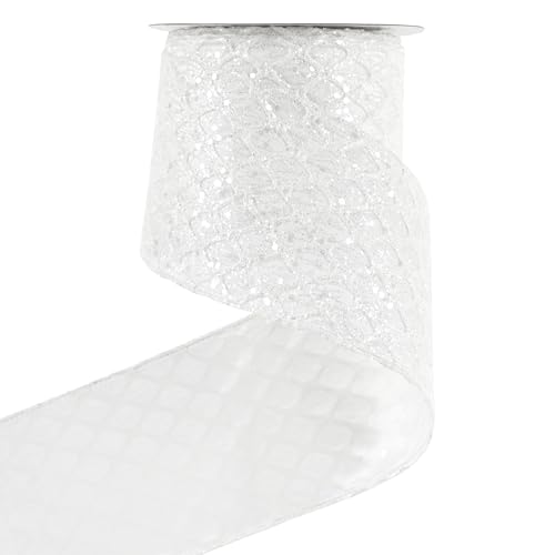 Weißes Weihnachtsband, 10,2 cm, weißes Glitzerband, Diamant-Mesh-Drahtband für Weihnachtsbaumschmuck, Kränze, Girlande, große Schleifen, Heimdekoration, 9,1 m von ADSUBHSJFAKK