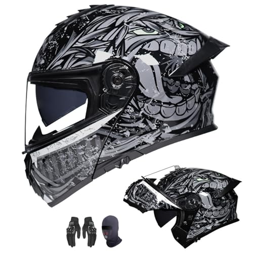 Motorradhelm, Klapphelm für Damen und Herren, Doppelspiegel-Heckflügel-Halbvollabdeckung, Klapphelm für alle Jahreszeiten, ECE-zertifiziert G,XXL=61-62CM von AFAGUEEUPD