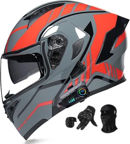 Motorradhelm Bluetooth Modularhelm, Integralhelm mit Doppelvisier und Ohrhörern mit Doppellautsprecher, Automatische Anrufannahme, ECE-Zulassung C,L=59-60 cm von AFAGUEEUPD