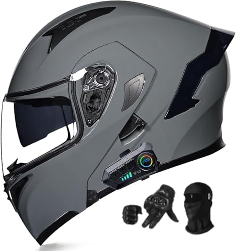 Motorradhelm Bluetooth Modularhelm, Integralhelm mit Doppelvisier und Ohrhörern mit Doppellautsprecher, Automatische Anrufannahme, ECE-Zulassung L,L=59-60 cm von AFAGUEEUPD