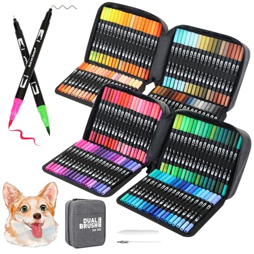 AGOYUU Dual Tip Brush Pen Set, Marker und Filzstift 144 Dual Tip Brush Pens, Filzstifte für Erwachsene für Kalligraphie Zeichnung Comic Bullet Diary Colouring Stifte, 0.4mm Fine Line und 1-2mm Fibre von AGOYUU