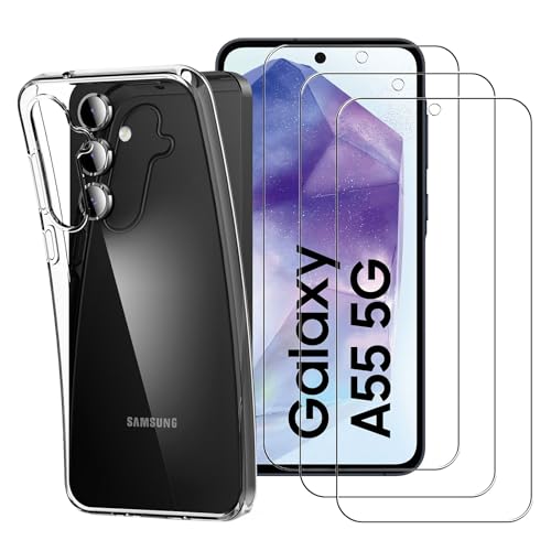 AHABIPERS Transparente Handyhülle für Samsung Galaxy A55 5G Hülle + 3 Displayschutzfolien aus gehärtetem Glas (HD-Klarheit, blasenfreie Installation), schlanke, weiche TPU-Silikonhülle von AHABIPERS